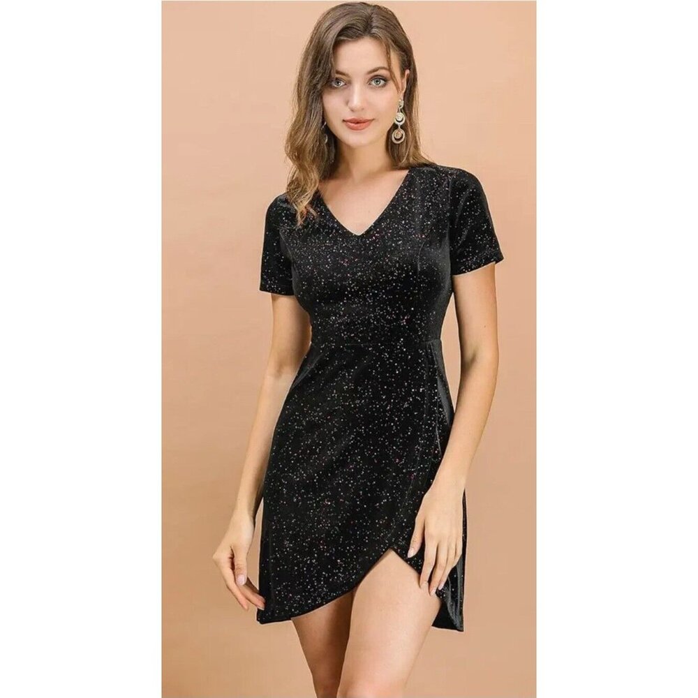 Allegra K Size S Velvet Sparkly Glitter Star V Neck Short Dress Asymmetric Goth